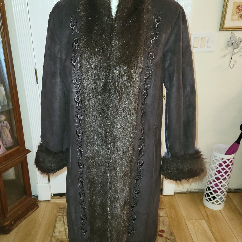 Centrigrade Womens Coat Polysuede Brown Faux Fur Collar/Cuffs